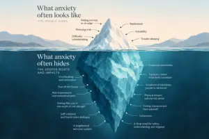 Iceberg illustration showing visible signs of anxiety above the water, such as worry and restlessness, and less visible experiences below, including overthinking, avoidance and exhaustion.