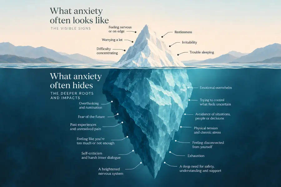 Iceberg illustration showing visible signs of anxiety above the water, such as worry and restlessness, and less visible experiences below, including overthinking, avoidance and exhaustion.
