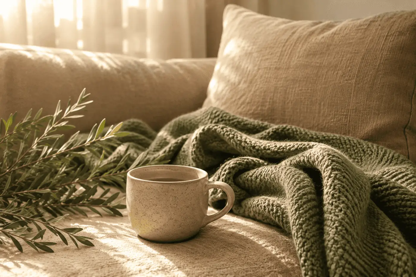 Cozy scene with sage mug and green blanket on a couch